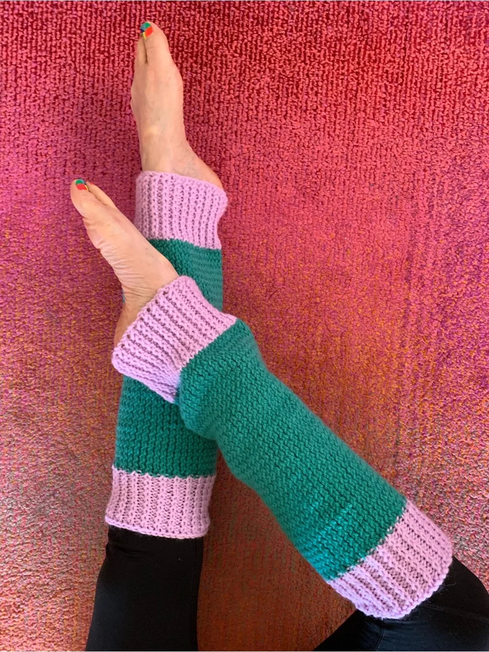 Hand-Knit Leg Warmers in Teal and Lavender